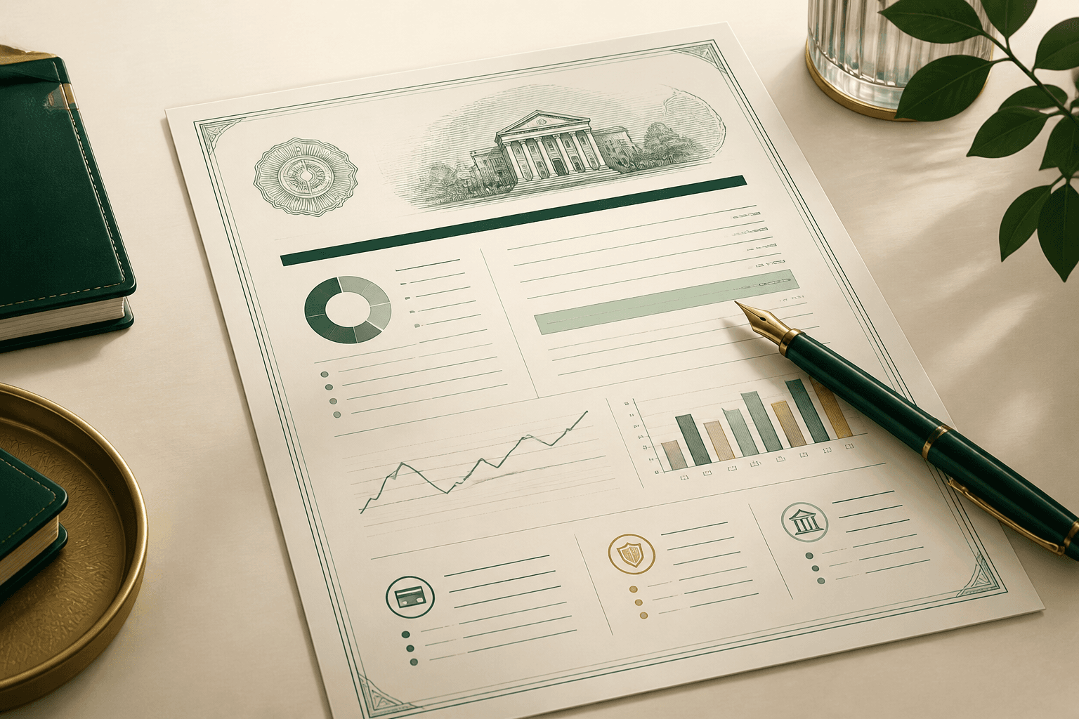 A merchant statement on a desk with a pen resting on the fee summary section